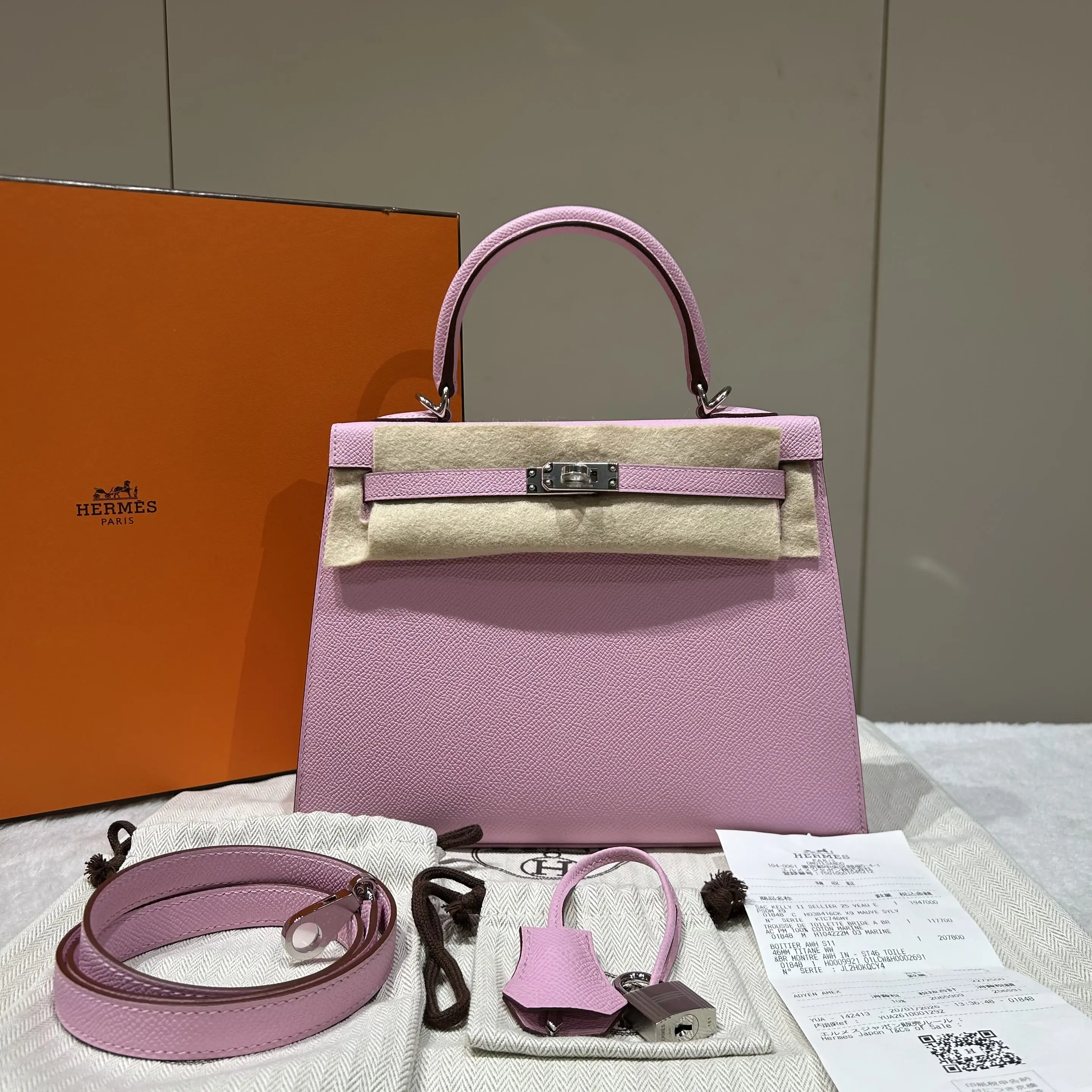 Pre-owned HERMÈS leather Shoulder Bags Kelly 25, Mauve Sylvestre X9 Epsom Leather, Silver Hardware, Stamp‑K, With Jan 2026 Receipt 32269884 SH