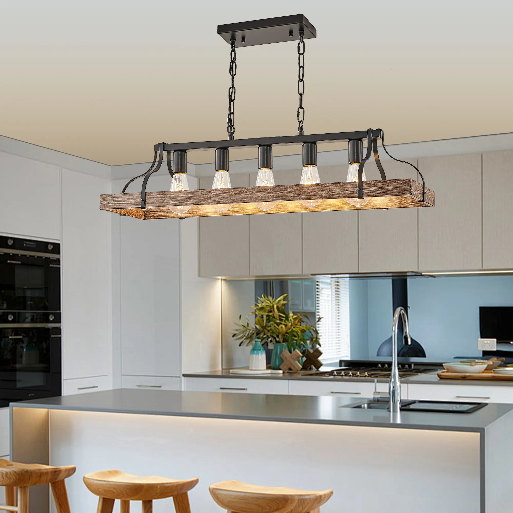 Rustic vintage matte black iron linear pendant  with 5 bulbs, E26 base, adjustable height—kitchen island lighting decor for farmhouse kitchens lights