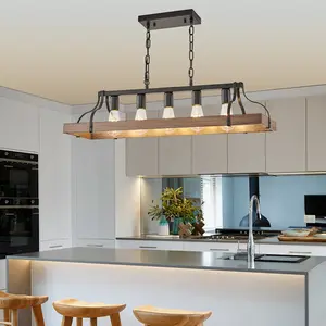 Rustic vintage matte black iron linear pendant  with 5 bulbs, E26 base, adjustable height—kitchen island lighting decor for farmhouse kitchens lights