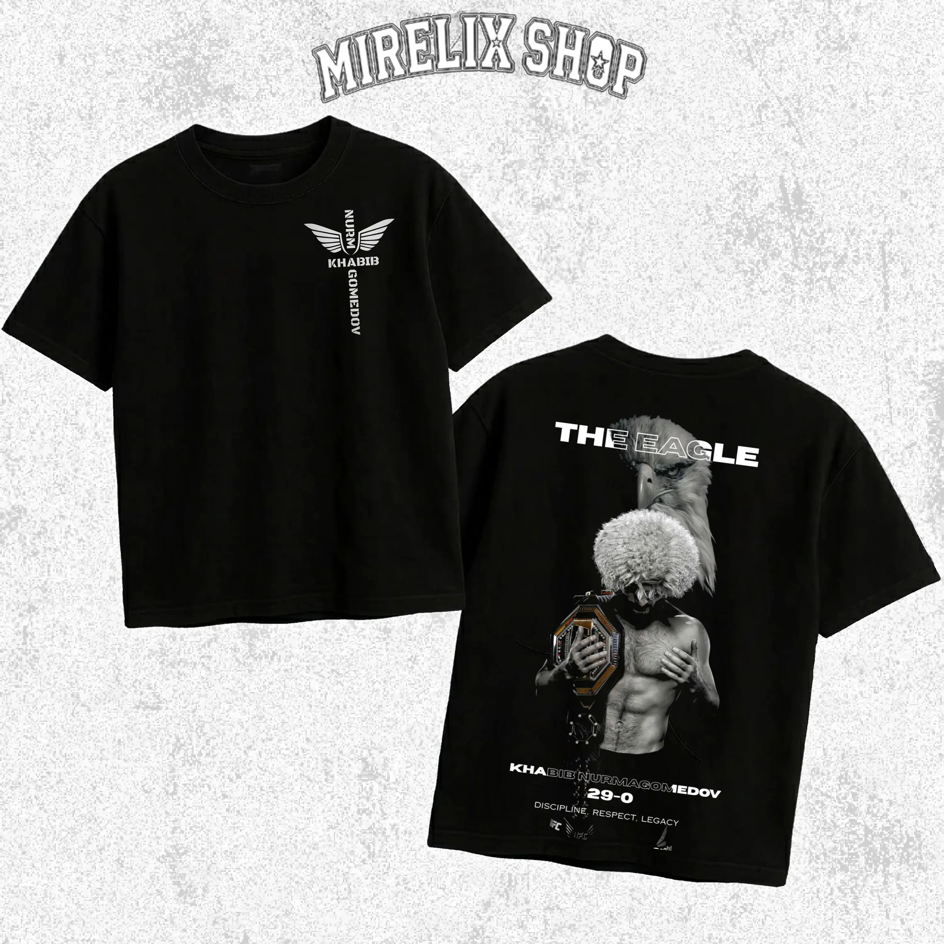 Khabib Nurmagomedov The Eagle Graphic Tee, UFC Undefeated 29-0 Champion T-Shirt, MMA Mixed Martial Arts Fighter Apparel, Discipline Respect Legacy Top, Unisex Casual Black Short Sleeve Shirt, Combat Sports Fan Gear