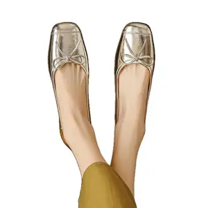 Women's Solid-Color Retro Bow-Accented Low-Cut Flat Shoes - Shiny Metallic Finish, Square-Toe, Comfortable for All-Day Wear, Versatile Styling
