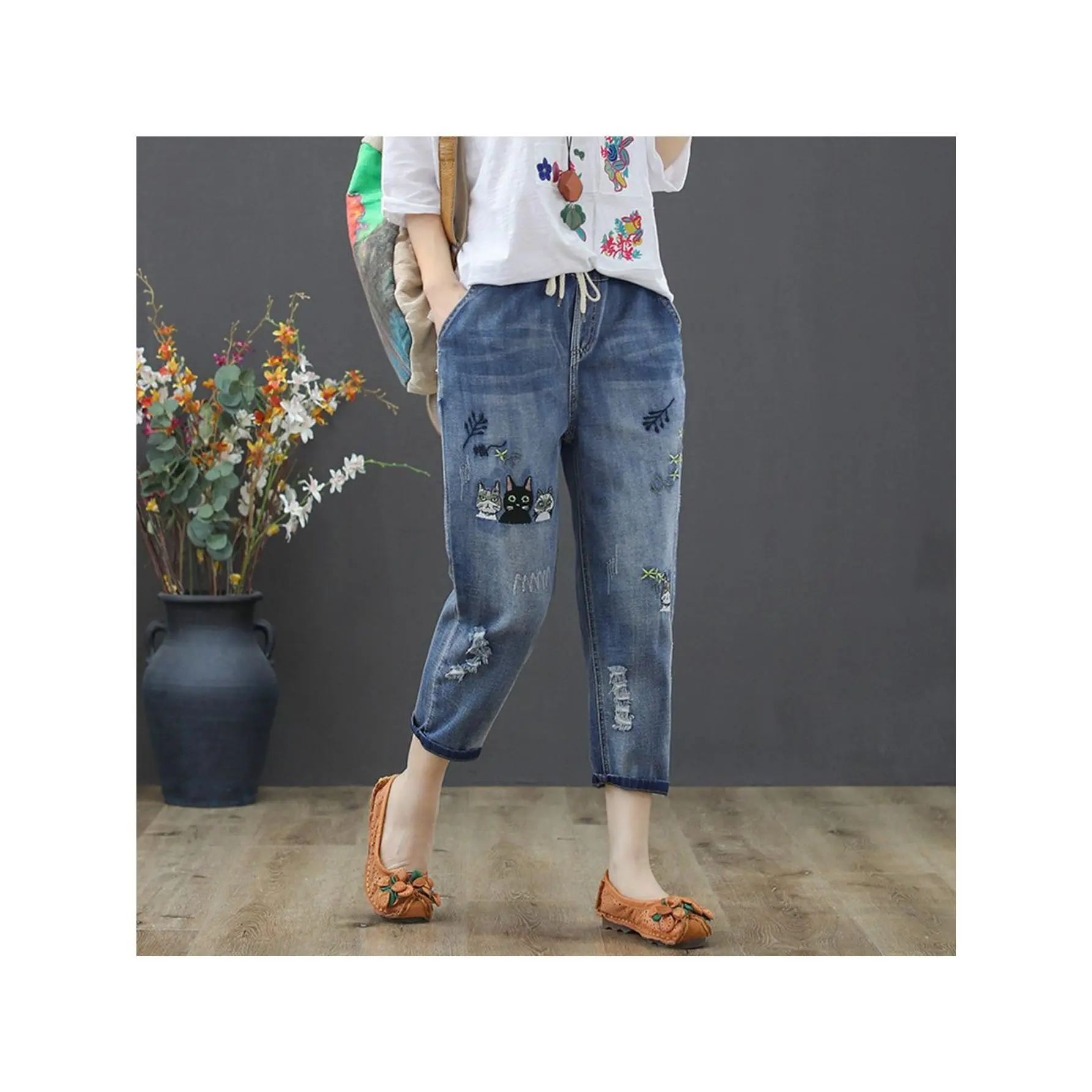 [Distressed Denim |   Casual] Comfortable High-Waisted Distressed Denim Capris |   Women's Loose Fit Casual Style Pants |   Embroidered Fish & Star Design for Spring & Fall