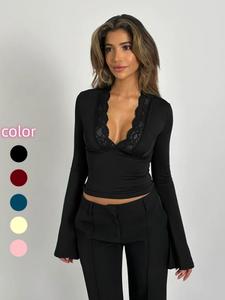 women's contrast lace plunge neck flounce sleeve tee, elegant deep v neck long sleeve top for spring & fall, women's t shirts, women's clothes for daily wear, t shirts for women, going out tops, womenswear everyday