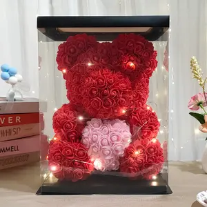 Eternal Rose Bear Artificial Flower Arrangement, Rose Basket, LED Flowers, Christmas Valentine's Day Mother's Day Graduation Decorations