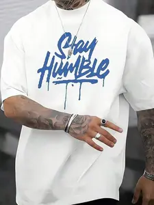 Stay Humble Blue Letter Pattern-Shirt, Men's Everyday Cotton-Shirt, 220g Cotton, Comfortable, Running Errands, Lounging, Or Outdoor Fun  Comfortable Cotton