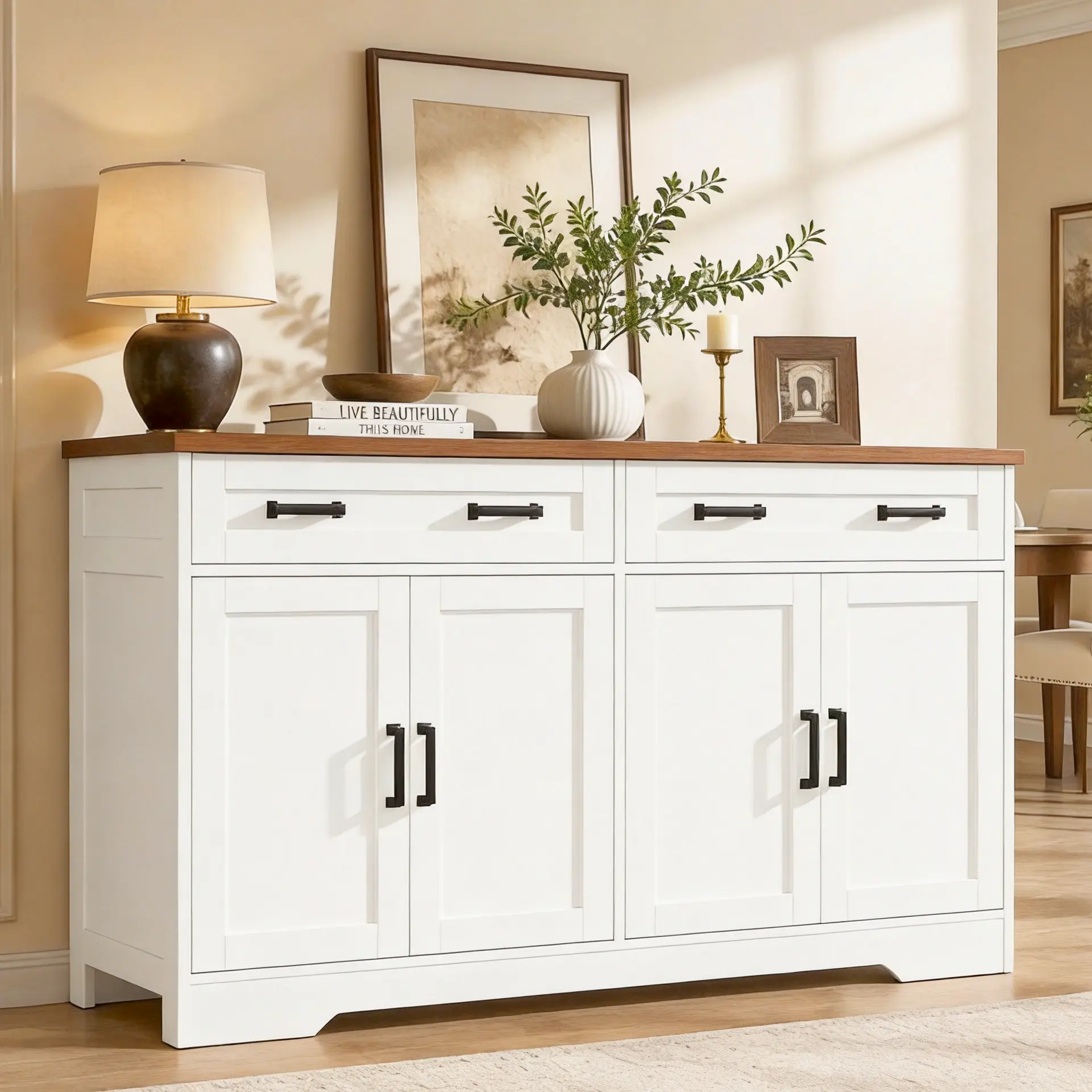 Fabiula Farmhouse Buffet Cupboard - Durable Wood Freestanding Cabinet, Multifunctional Storage Cabinet with 4 Barn Door Charm, Drawers, Adjustable Storage, Metal Handles, Easy Grip, Hallway & Kitchen Accent Furniture,familyfun