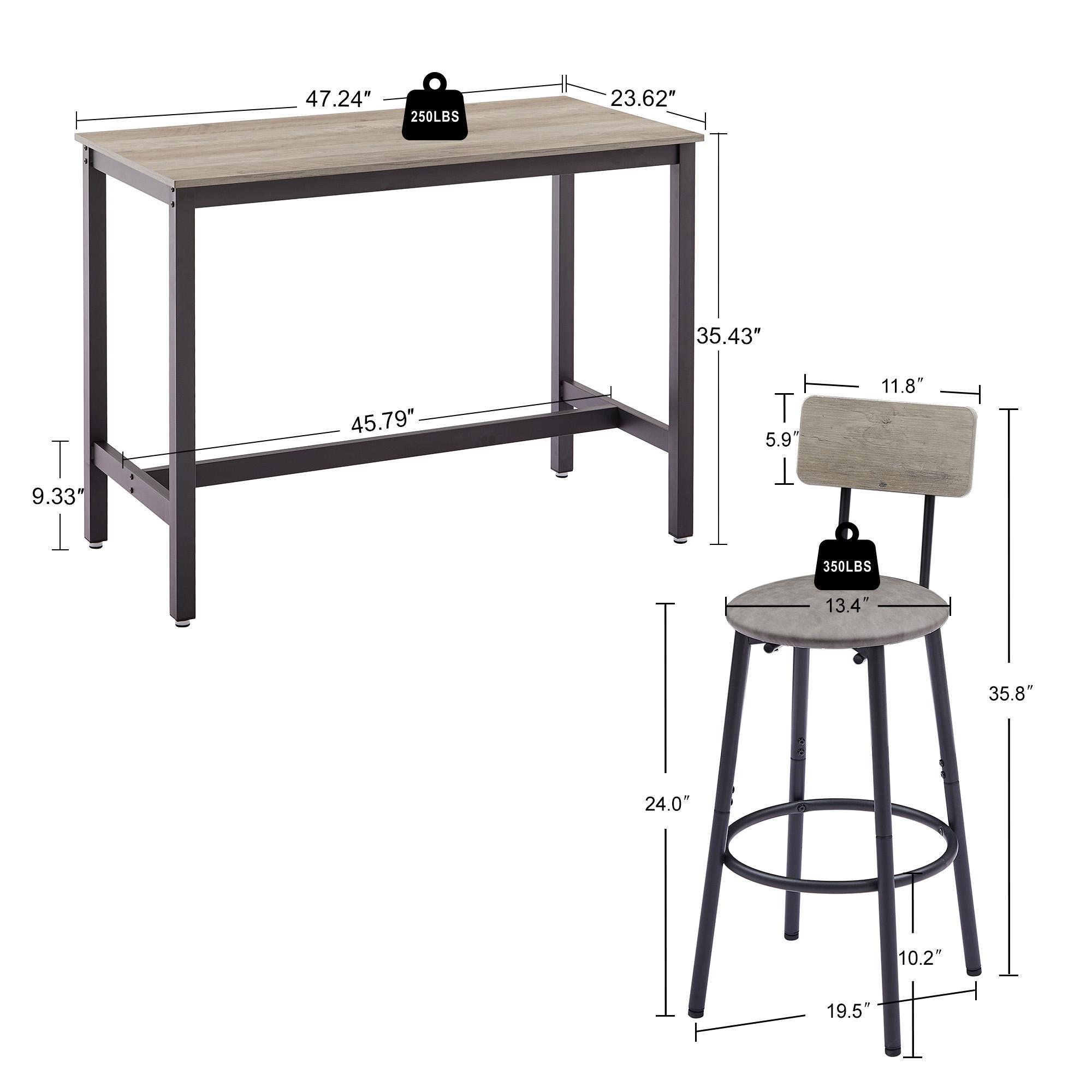 4-Piece Bar Table Set, PU Upholstered Stools 13.4" with Wood Backrest & Footrest, Rustic Grey Table, Black Iron Frame, Space-Saving, 350 lbs, for Kitchen Apartment
