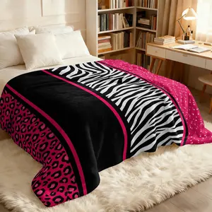 Y2K Hot Girl Pink Leopard Zebra Print Flannel Throw Blanket, Bold Animal Pattern Patchwork Blanket for Girls Teens, Multi-Use Cozy Blanket for Bed Sofa Cover Office Nap Car Camping Travel