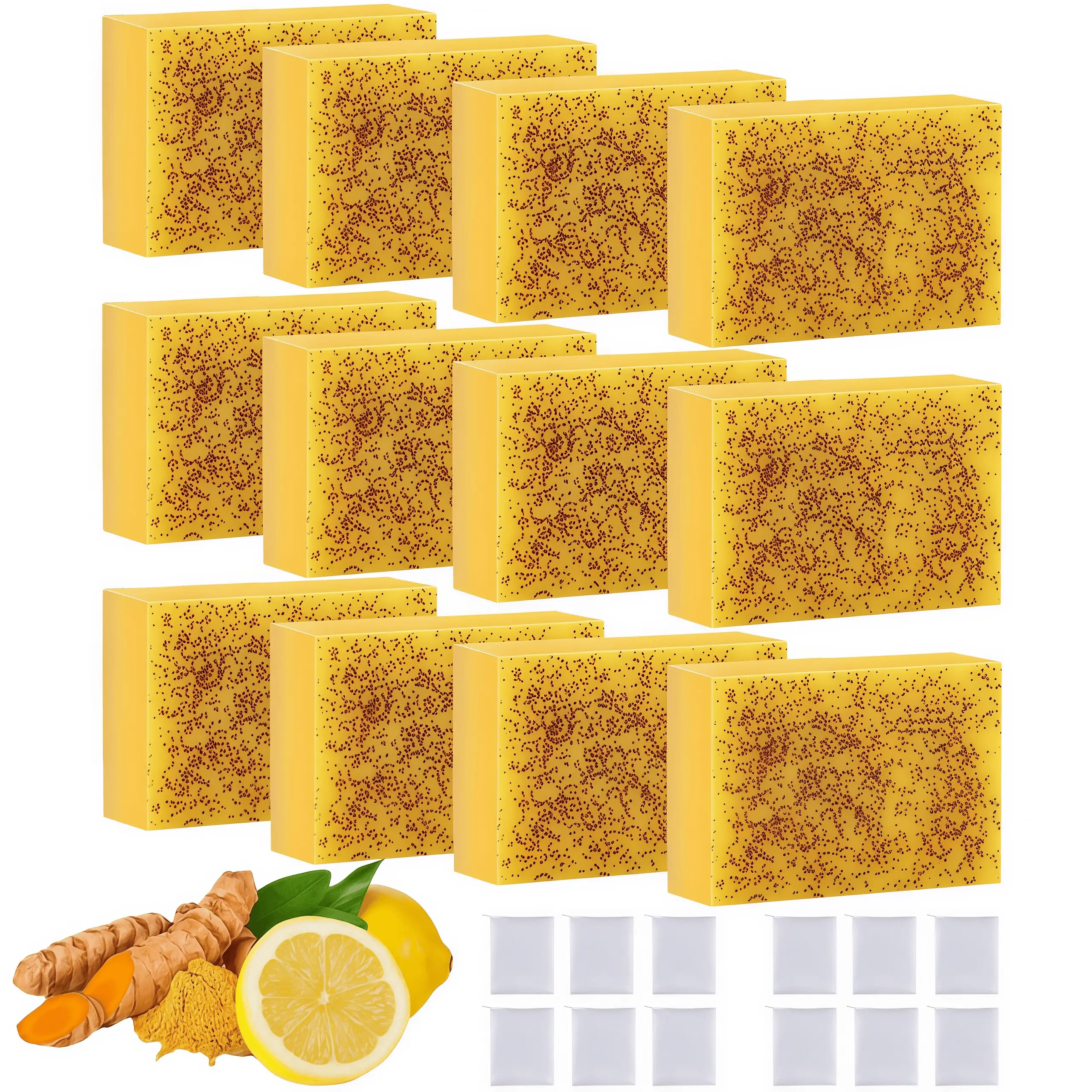 LMMAKE 12PCS Natural Turmeric Kojic Acid Soap Bars - Triple Action Formula for Brightening, Smoothing, Deep Cleansing; Reduces Dark Spots, Improves Skin Texture, Ideal for Facial & Body Care