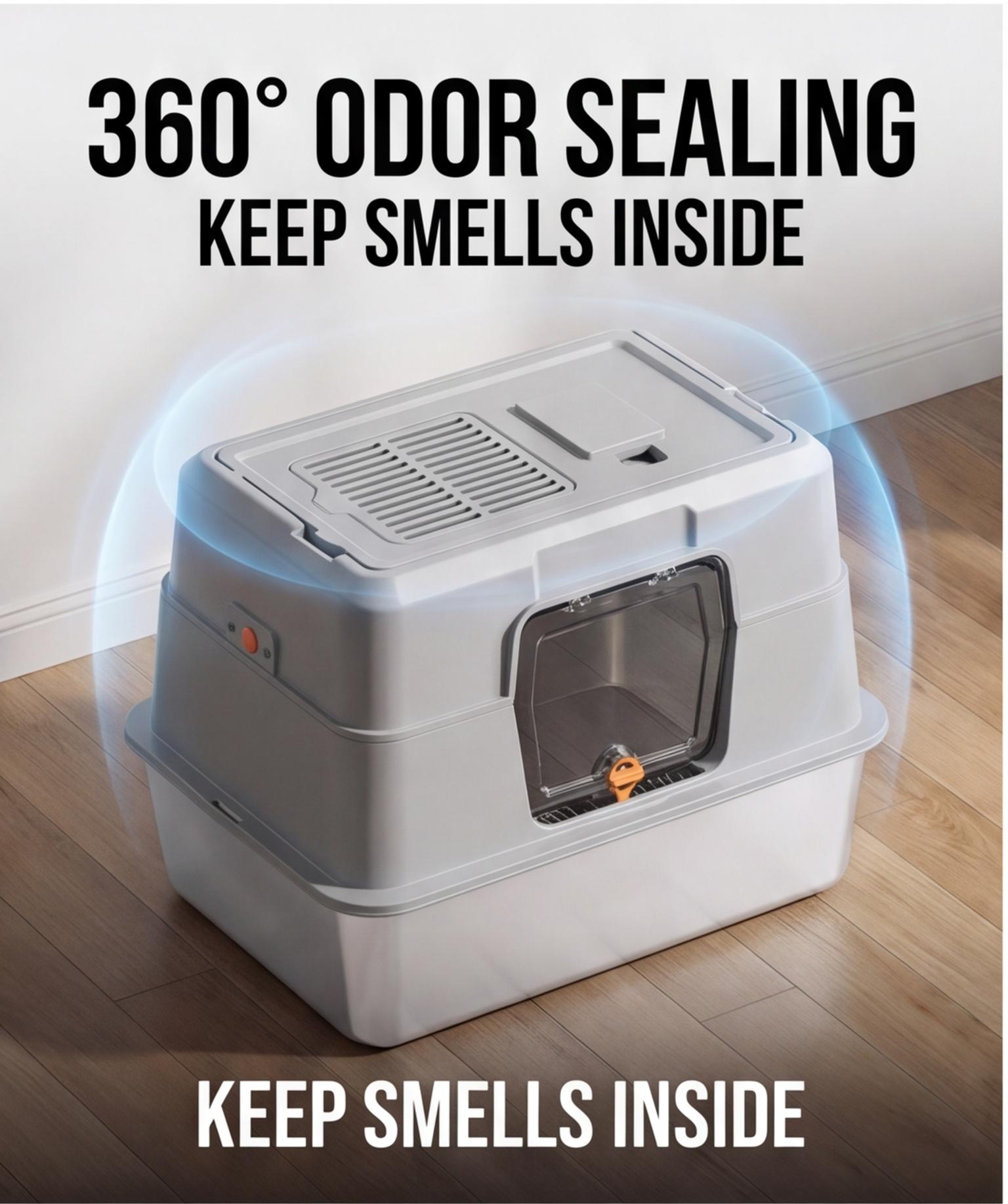 SVE stainless steel litter box Fully Enclosed Stainless Steel Cat Litter Box Stainless Steel High-Sided Trash Can Side Entry Cat Litterbox for Kitty & Multi-Cat, Flip Cover Easy to Clean, High Sided Cat Litter Pan with Scoop, Anti-Leakage, Non-Sticky