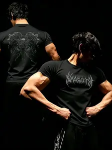 Men's Gothic Graphic Compression T-Shirt, Moisture-Wicking Quick Dry Gym Tee, Breathable Streetwear Workout Top, Multi-Wear Athleisure for Fitness, Outdoor & Casual Daily Gothic Gym Wear Y2K Fitness T-Shirt