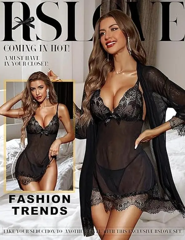 RSLOVE Women Sexy Lingerie Set 3 Piece Babydoll & Lace Kimono Robe Strap Chemise Sleepwear Mesh Nightgown