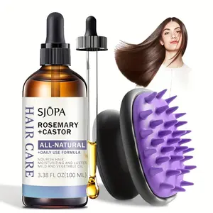 SJOPA Rosemary Castor Hair Oil Scalp Massager Set 3.8 Oz Hydrating Moisturizing Formula for Damaged Hair Split Ends & Thickening Hair Care Routine - Hydrate Haircare Moisturize Moisturizer Moisture romary  hair  oil
