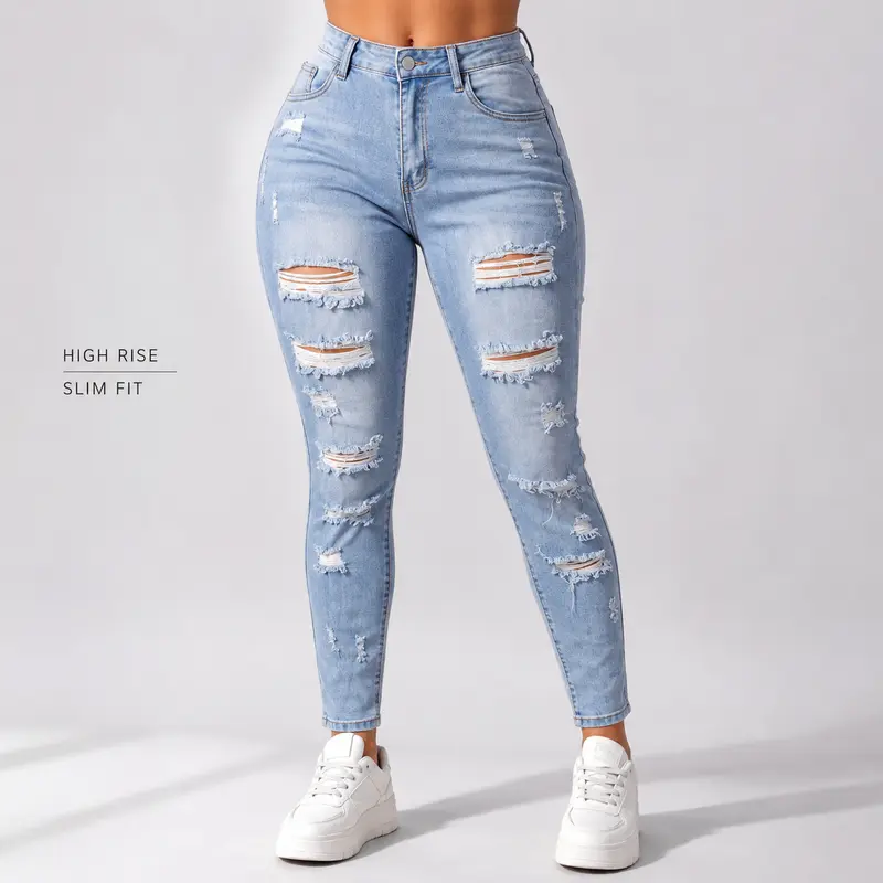 Women's High-Waisted Distressed Stretch Denim Skinny Jeans - Light Blue Ripped Slim-Fit Vintage Washed Basic Bottoms with Pockets, Trending Clothing Vibe Lady Pants for Women, Casual Streetwear Y2K Stretch Fabric Trousers