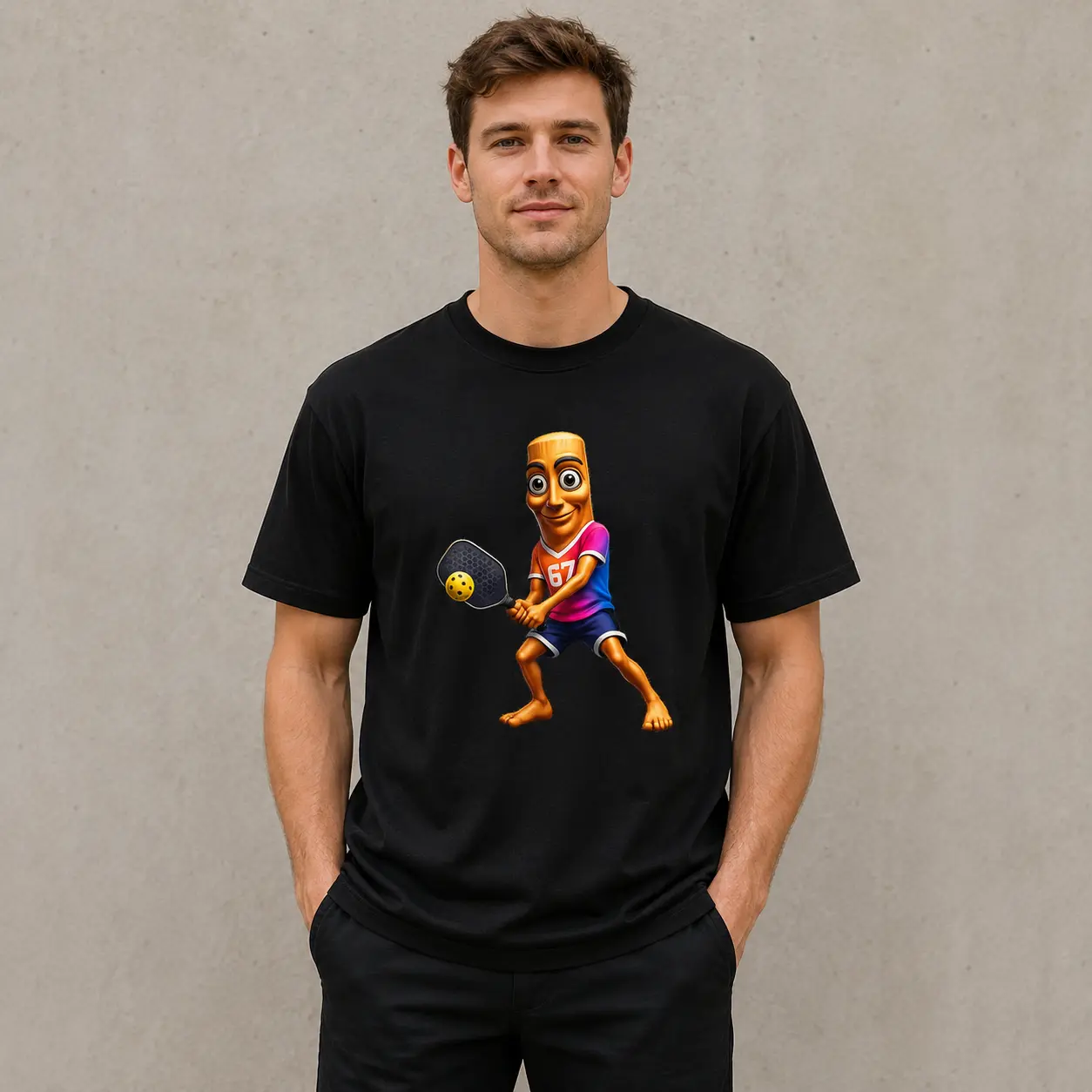 Men's Short-Sleeve Pickleball Graphic T-Shirt - Round Neck Jersey, Quirky Cartoon Player Paddle Ball Print, Casual Clothes, Novelty Sports Streetwear, Gift for Enthusiasts
