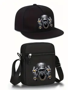 Hiphop Figure Print Unisex Baseball Cap and Zipper Crossbody Bag Set, Street Style Outdoor Sports Hat and Shoulder Bag, Adjustable Fit, Casual Messenger Bags