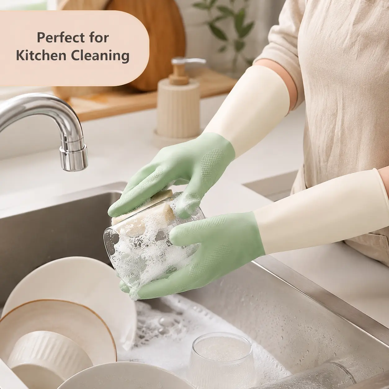 3 Pairs Long Cleaning Gloves for Women, Waterproof Dishwashing Gloves, Kitchen Gloves For Washing Dishes, Non Slip Household Kitchen Cleaning Gloves for Laundry Bathroom Pet Care, Reusable Heavy Duty Housework Gloves, Christmas Gift for Mom