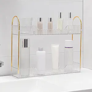 2 Tiers Narrow Vanity Makeup Organizer, Bathroom Organizer Countertop Slim, Perfume Holder Skincare Storage  Shelf  Rack, for Small Desktop Space, White Clear
