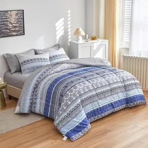 Bohemian Striped Bed in a Bag 7 count  Size, Boho Blue Grey Geometric  Reversible Bed Comforter Set (1 Comforter, 1 Flat Sheet, 1 Fitted Sheet, 2 Pillow Shams, 2 Pillowcases)