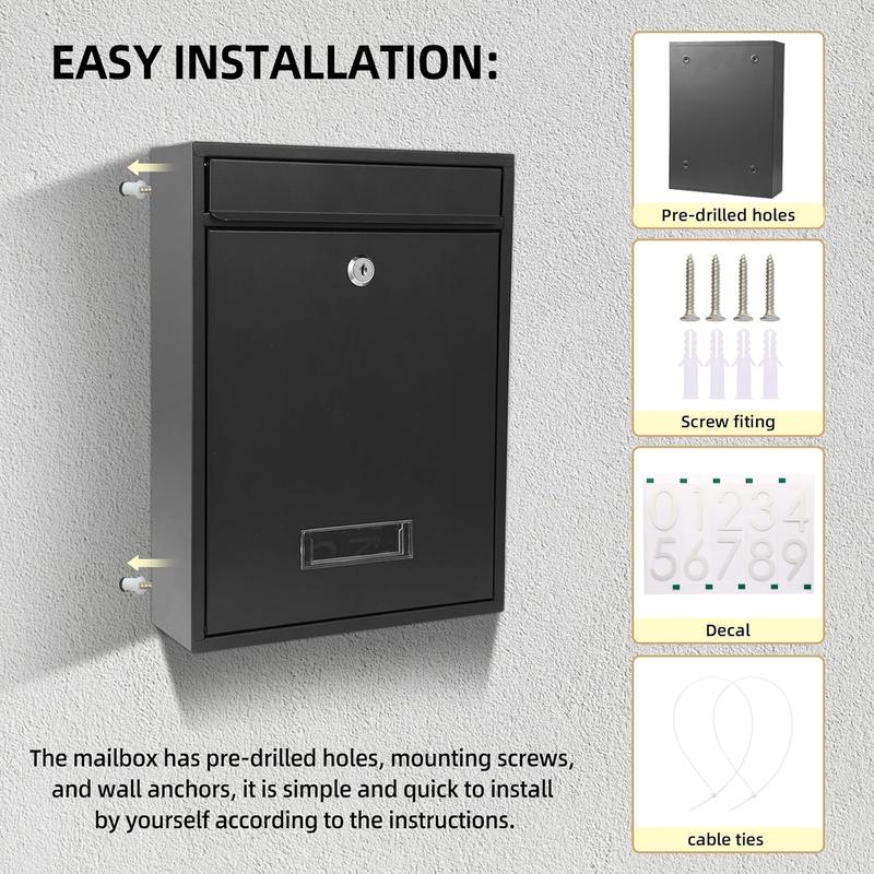 Mailboxes for Outside, Wall Mount Locking Mailbox, Security Mailbox with Lock Key and Three Sets 0-9 Mail Box Numbers, Large Capacity Steel Cover Metal Postbox for Outdoor, 13.8X 10.8X 3.25 Inch Black terrarium garden heavy duty premium zipper door groud