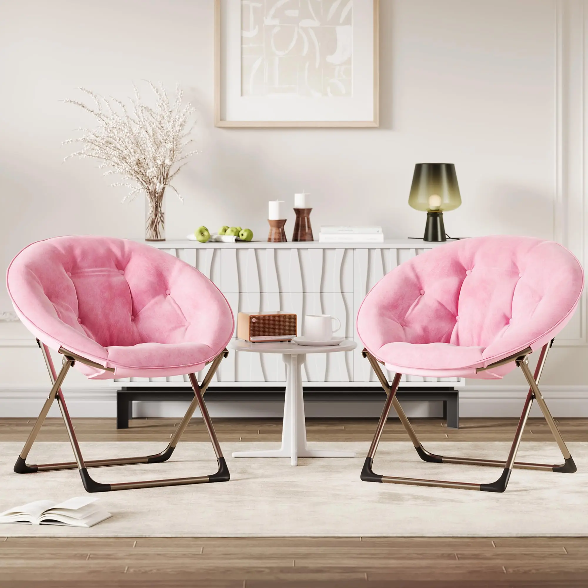 Oversized Soft Folding Moon Chairs Set – Lounge Accent Seats with Ergonomic Support and Sturdy Metal Base – Portable, Compact Bedroom & Apartment Furniture