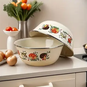 Vintage Floral Enamel Bowls Set of 3, Durable & Sturdy Design, Ideal for Fruit Salad Snacks, Dishwasher Safe, Perfect for Home Use, Durable Kitchenware