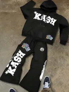 Men's Hip Hop Fitted Hoodie and Pants Set, Vintage Graphic Letter Print Design, Casual Fashion for Daily Wear, Comfortable Streetwear