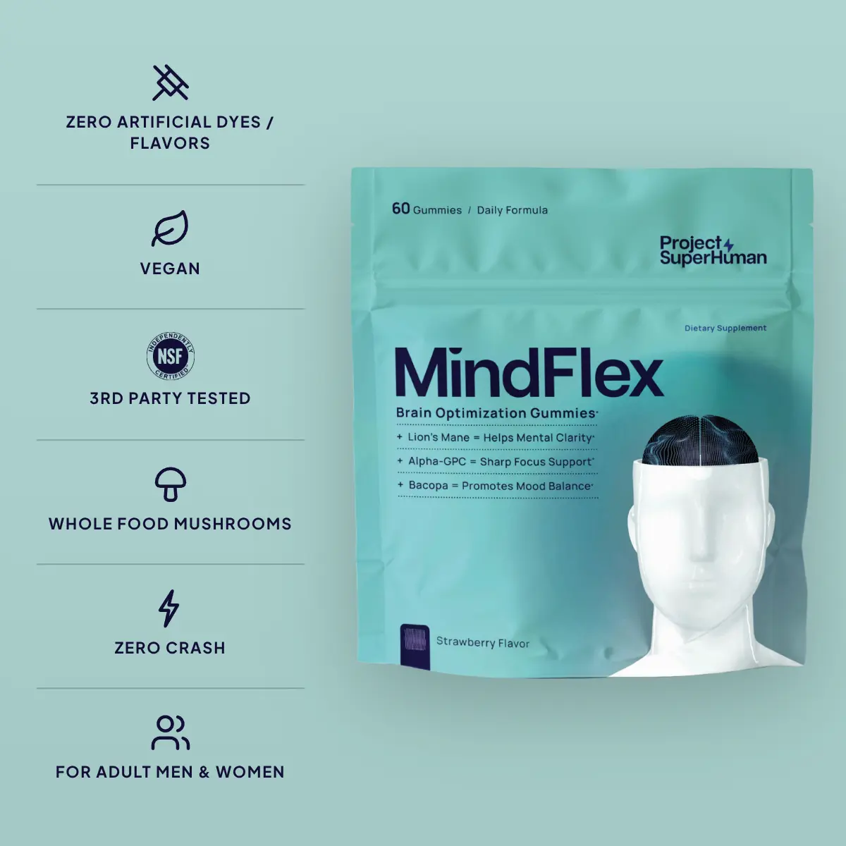 Project Superhuman MindFlex Focus Gummies for Adult Men & Women: MindFlex 6-in-1 Nootropic Brain Support with Alpha GPC, Bacopa Monnieri, Lion's Mane, Huperzine A, B6 + B12, Caffeine Free, No Jitters, No Crash, Vegan, Strawberry, 60 Ct