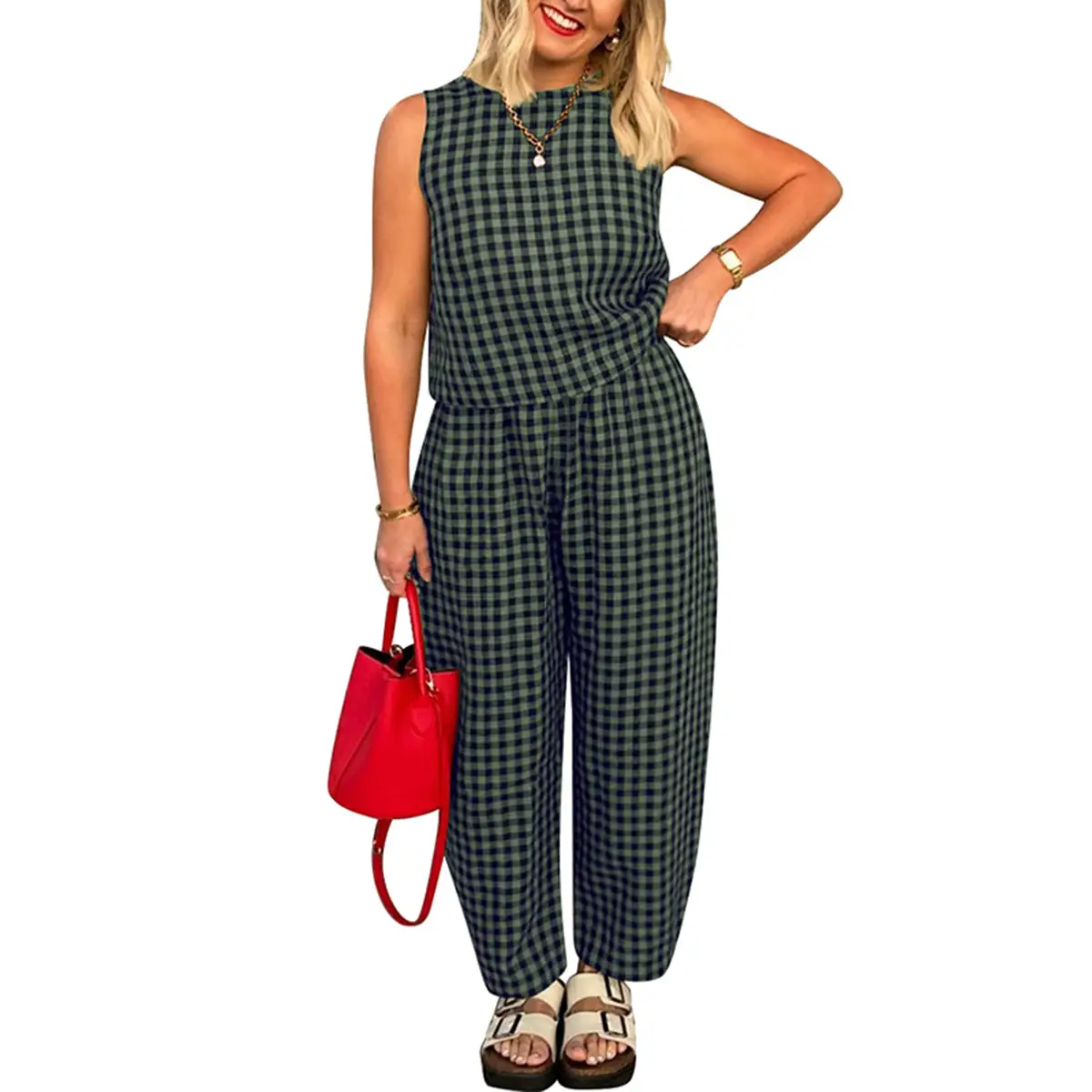 Women Plaid 2 Piece Lounge Pants Set Sleeveless Tank Top and Wide Leg Barrel Pants Suit
