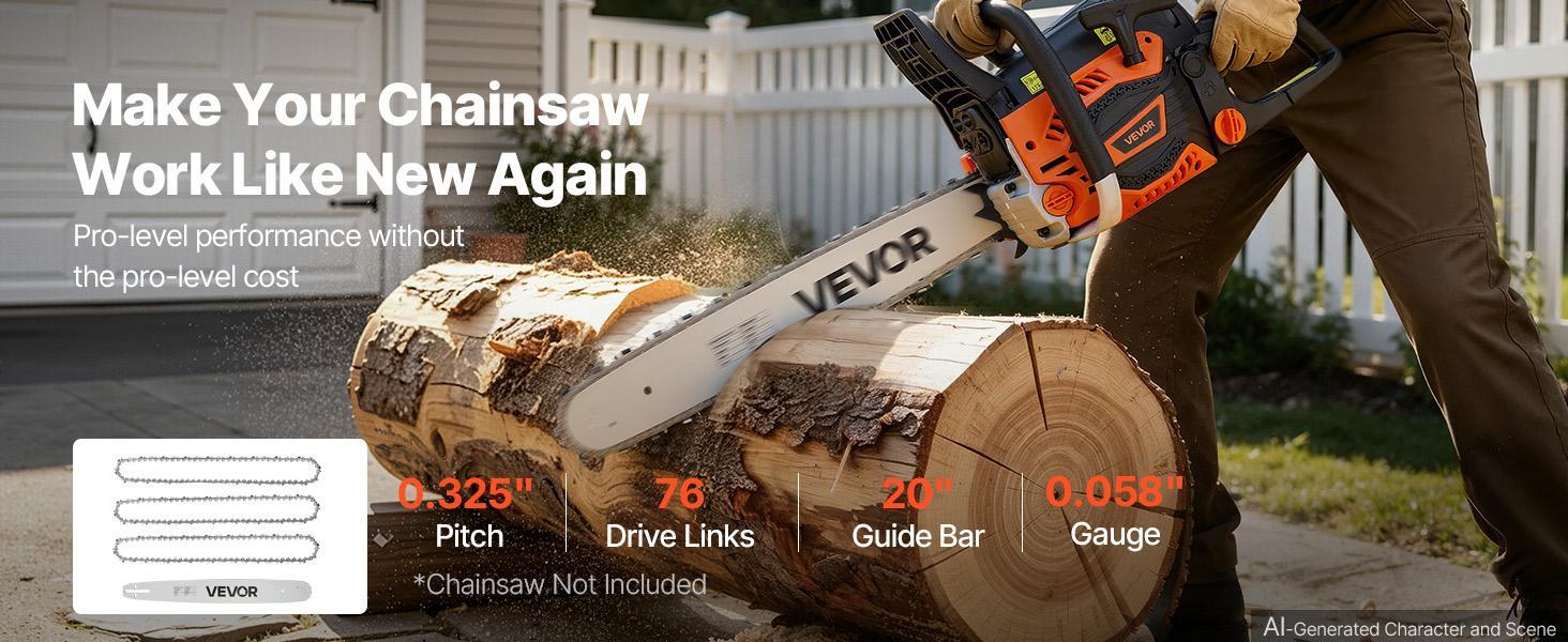 【BackToSchool】VEVOR Bar & Chainsaw Chain Combo 20" .325" Pitch .058" Gauge 76 Drive Links, Fits VEVOR CN-52G / CN-58G / CN-62G Gas Chainsaw, Alloy Steel, Replacement Guide Bar & Saw Chain with Sharp Cutter Teeth