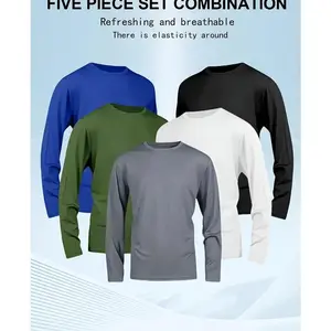 5 Piece Men's Quick Dry Long Sleeve Shirt - Moisturewicking, breathable polyester, crew neck, Outdoorfun,solid color casualsportswear, machine washable, moisture wicking garmentsCrew Neck T-Shirt |       Stretchable Material Fathersdaygift