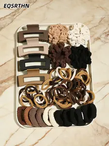 Multi-style elegant retro brown 70-piece hair accessories set, elastic tube knitted hair ring, elastic ponytail braid hair ring, Rubber Bands, claw clips, gripping teeth firm. Suitable for girls to commute to school