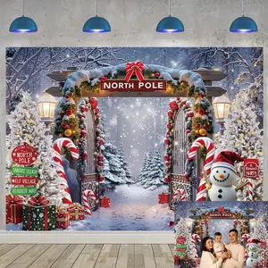 North Pole Christmas Backdrop Winter Snowy Night Forest Landscape Photography Background Christmas Cane Candy Party Decoration Banner Xmas New Year Eve Photos Props (7x5FT: 84x60 inch)