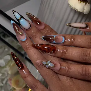Blue Ombre Tortoise Shell Press On Nails with Gold Charms Handmade Stiletto False Nails Luxury Gel Nail Art Set for Parties Weddings Everyday Style