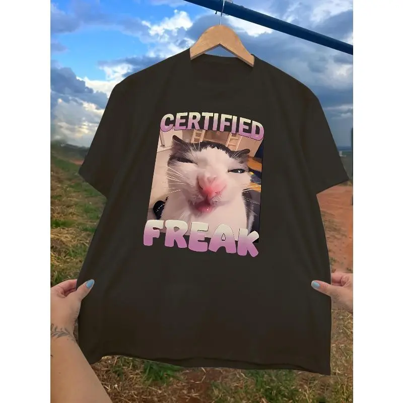 Certified Freak Cat Meme T-Shirt | Funny Retro Graphic Tee Printed T-Shirt Casual T-Shirt