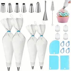 Piping Bags and Tips Set - 23 count Pastry Bag Kit: 4  Icing Bags (2x14in, 2x16in), 6 Stainless Steel Tips, Couplers, Brush - Cake Decorating Supplies for Beginners, Cupcakes, Cookies