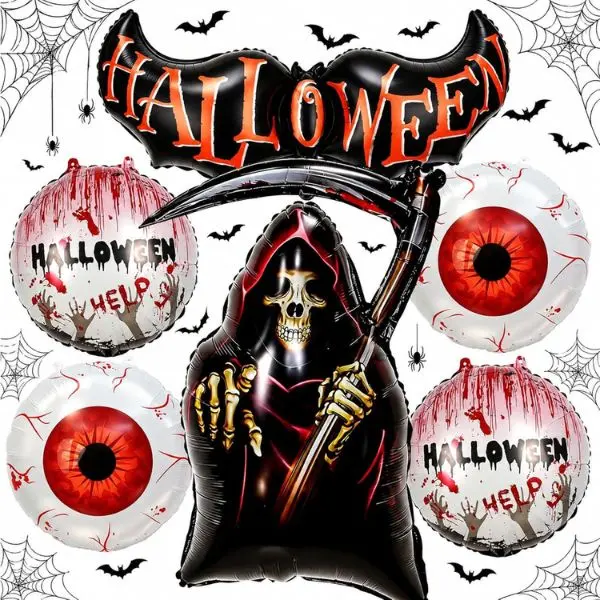 Halloween Death Reaper Foil Balloon with Bat, Spooky Halloween Party Decorations, Haunted House Decor, Home Indoor Outdoor Party Supplies