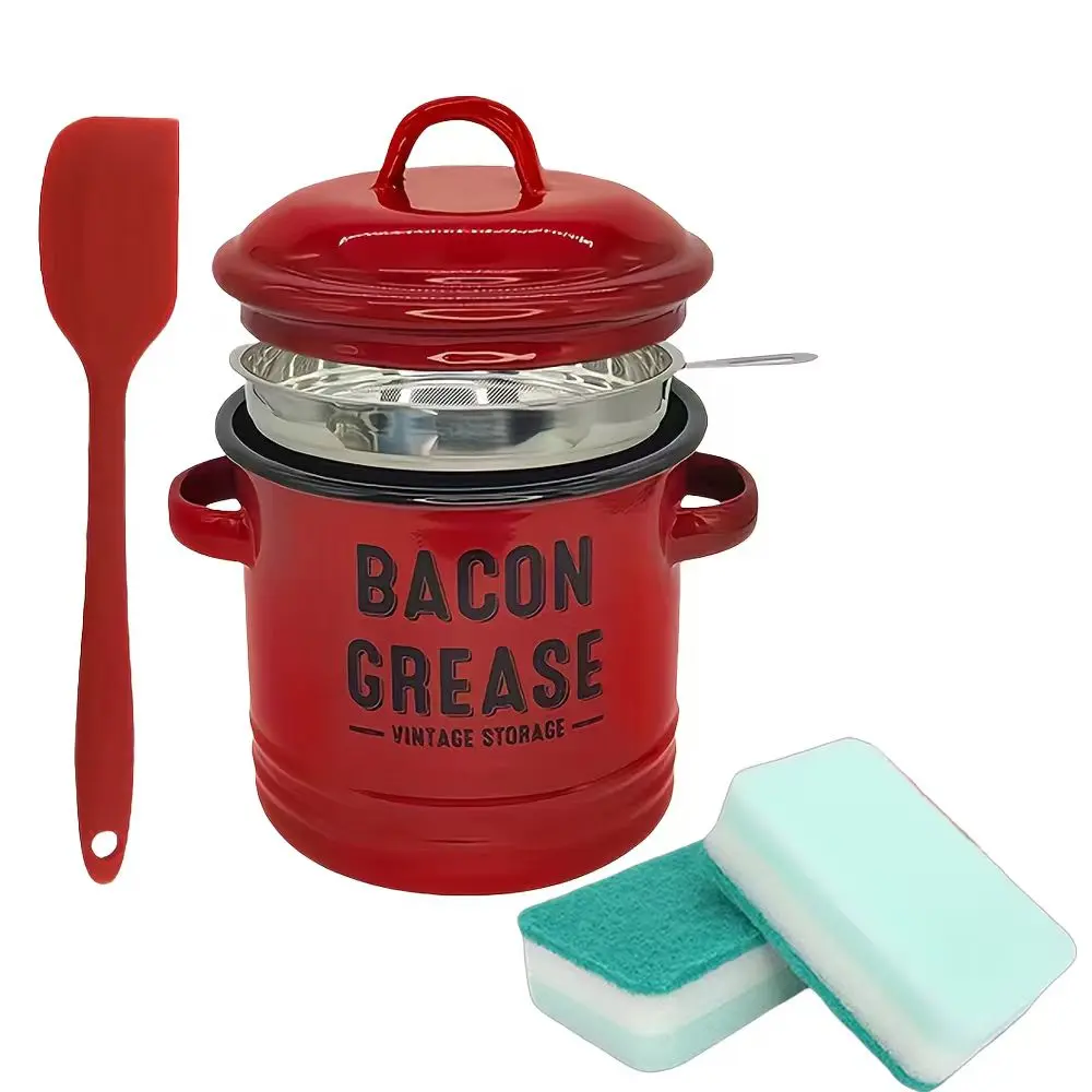 Bacon Grease Container with Strainer & Food-GradeSilicone Spatula,46oz Large Enamel Rustic FarmhouseFat Container, Keeper, Dishwasher Safe, DishwasherSafe Filter Kitchen Utensils fine mesh strainer Lid Red