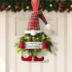 30 Inch Christmas Pine Needle Wreath with LED String Lights, Gnome Swedish Tomte Hanging Ornament Wreath for Front Door Room Window Porch, Christmas Holiday Decoration