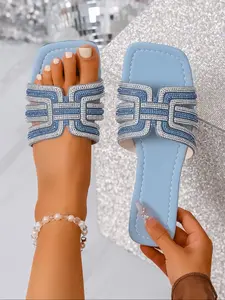 Women's Flat Heel Open Toe Sandals, Summer Outdoor Fashion Slippers, Blue Hollow Out, Rhinestone Decor, Sizes Cn35-44