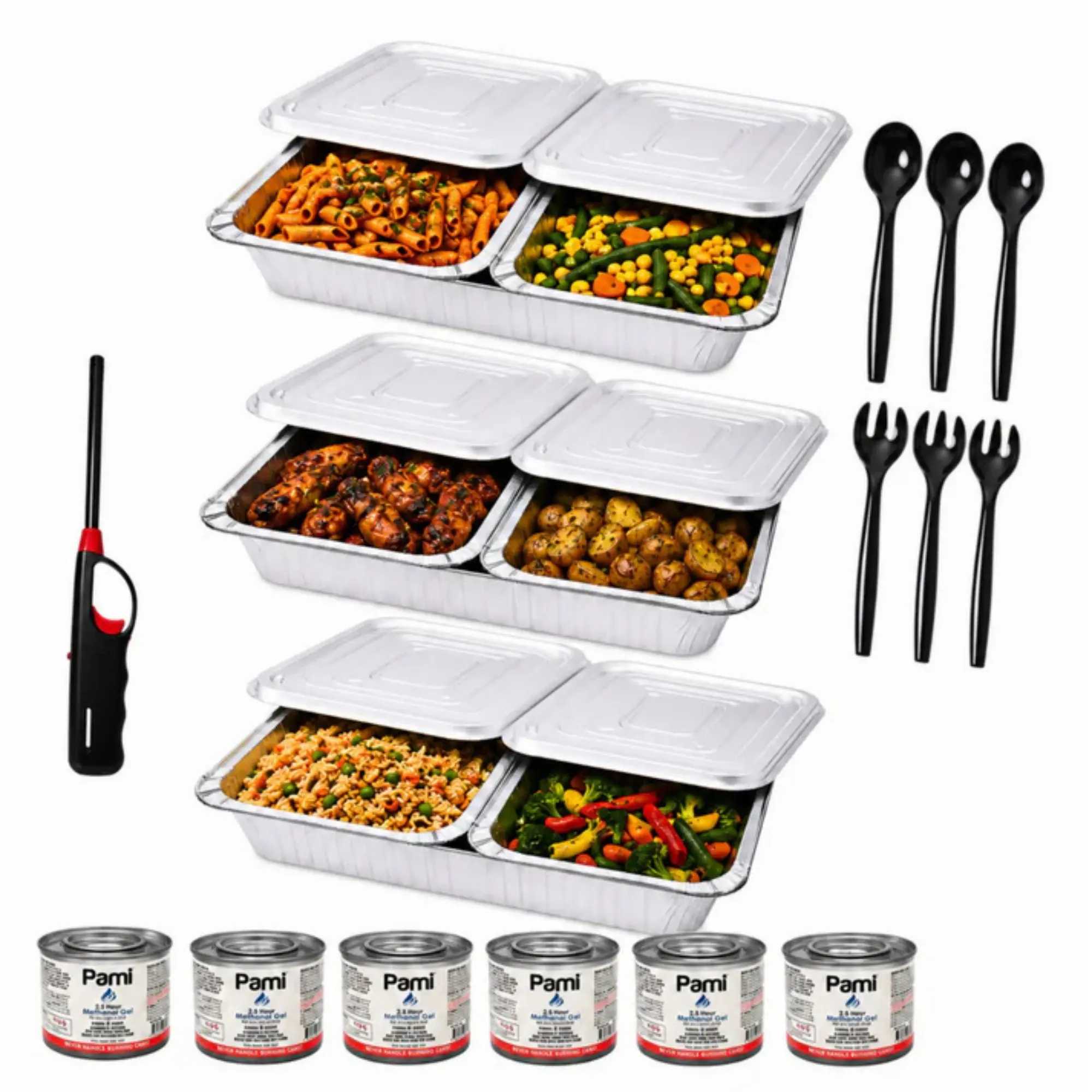 VeZee 28-Piece Durable Aluminium Rectangular Buffet Serving Kit - Disposable 11.75in x 9.375in Chafing Dishes, 6 Steam Pans, 6 Fuel Cans, Serving Spoons, 10in Hand Lighter, Plastic Heat-Evenly Catering Food Warmer Perfect for Parties & Weddings