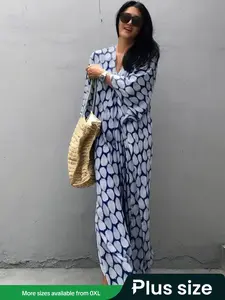 【Plus Size】All Over Print Kimono Sleeve Cover Up Dress with Belt, Boho Casual Long Sleeve Cover Up Dress for Beach Holiday Vacation, Beach Cover Ups, Bohemian Cover Up, Women's Clothes for All Seasons, Swimwear Cover Up