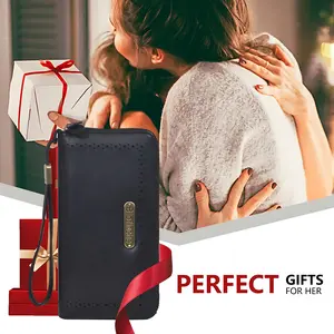 Genuine Leather Women RFID Blocking Zip Around Wallet, Large Capacity Double Fold Clutch Wristlet Purse, Checkbook Card Holder with Detachable Wrist Strap