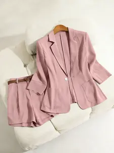Two piece set of women's casual and fashionable suit shorts set, waist cinched mini suit+shorts two-piece temperament commuting set, suitable for all seasons, suitable for home, indoor, outdoor wear Elegant Suit