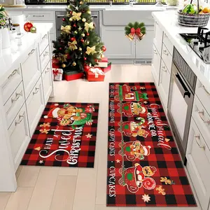 Christmas holiday kitchen carpet long strip carpet, 1PC/2PC/3PCS, Christmas red checkered gingerbread man pattern design, perfect for Christmas parties and gifts, corridors, bathrooms, kitchens, entrances, bedside Christmas holiday decorations