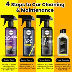 Complete set of car cleaning products, including plastic refurbishment, interior cleaner, tire and hub cleaner, and car coating agent. Satisfy the entire process of car washing
