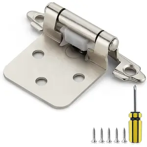 50 Pack 25 Pairs 1/2 Inch Overlay Cabinet Door Hinges Kitchen Satin Nickel Semi-Concealed Face Mount Self-Closing Hinges with Bumpers & Screwdriver