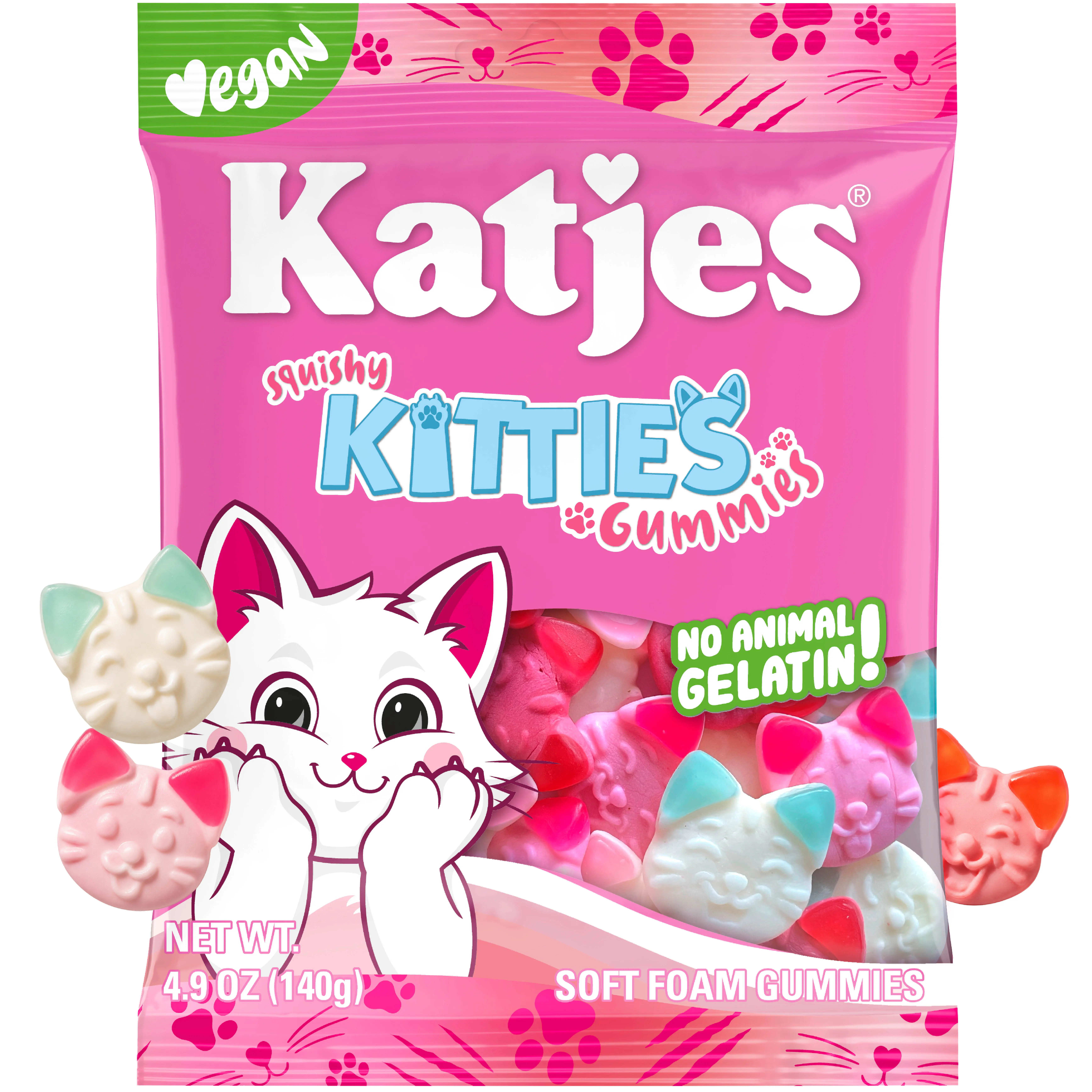 Katjes Squishy Kitties Vegan Foam Gummy Candy, Gelatin Free, 4.9 oz, Colorful Sweet Treats With Soft Texture, No Artificial Dyes, Healthy Fruit Snacks for Kids, Vegetarian, Plant Based