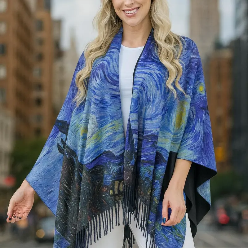Women's Elegant Museum Art Print Kimono - Lady's Casual Open-Front Acrylic Shawl Poncho with Fringe, Almond Blossoms/Starry Night, Artful Boho Style for Everyday Polish, All-Seasons Layering Top Jacket (Cold Wash Only, No Machine Washing)