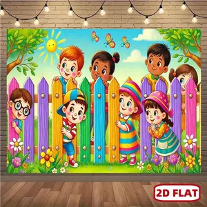 1pc Vibrant Playground Scene Backdrop, 8x6ft Polyester Wall Banner - Colorful Fence, Sun, Flowers, and Happy Faces, Perfect for Home Decor, Parties, Studios, and Outdoor Celebrations, Party Backdrop | Playful